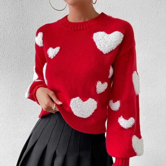Red Casual Womens Heart Knit Drop Shoulder Sweater - Picture 3 of 5